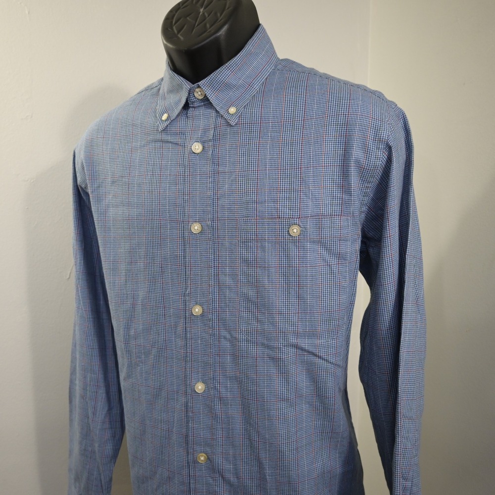 Orvis Country Twill Button Up Mens Medium Blue Plaid Long Sleeve Pocket Shirt